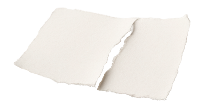 A ripped piece of white paper with distinct textured edges, illustrating the concept of separation or fragmentation on a clean white background.