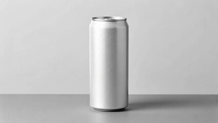 Blank silver aluminum soda can standing upright on a table