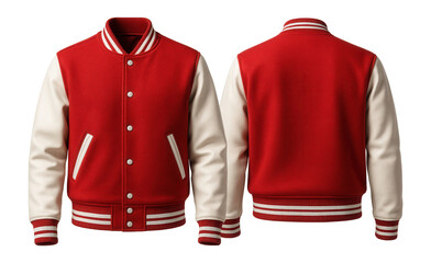 Front and back view of a classic red varsity jacket with white sleeves and striped cuffs, featuring snap buttons and side pockets, ideal for sports or casual wear.