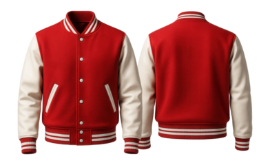 Front and back view of a classic red varsity jacket with white sleeves and striped cuffs, featuring snap buttons and side pockets, ideal for sports or casual wear.