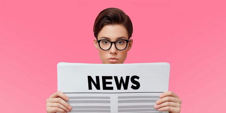 Young woman with short brown hair and glasses holds a newspaper with bold text, against a vibrant pink background, conveying a sense of curiosity and engagement with current events