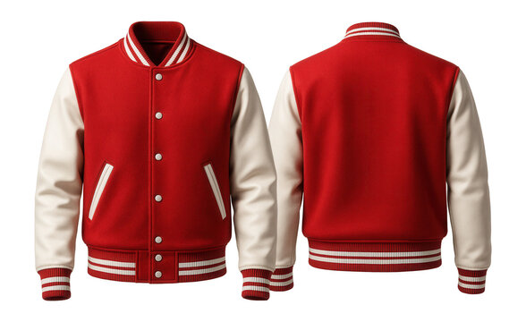 Front and back view of a classic red varsity jacket with white sleeves and striped cuffs, featuring snap buttons and side pockets, ideal for sports or casual wear.