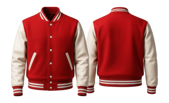 Front and back view of a classic red varsity jacket with white sleeves and striped cuffs, featuring snap buttons and side pockets, ideal for sports or casual wear.