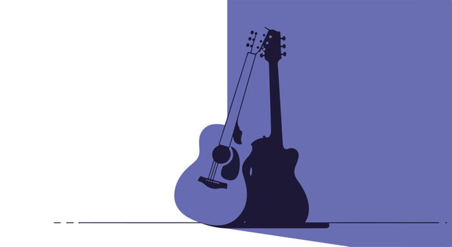 Abstract guitar leans on wall, shadow behind. Musical template use