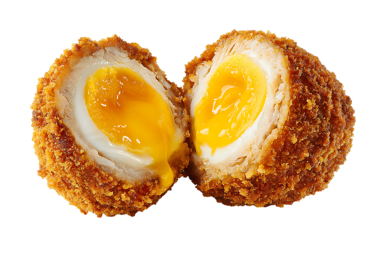 Scotch eggs cut in half, showing runny yolk. - Powered by Adobe