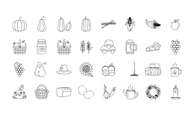 Autumn food icons – black outline of seasonal fruits, veggies and treats