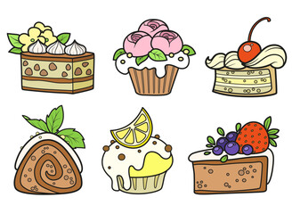 Different biscuit cakes with whipped cream and fruits on a white background