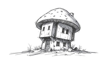 Charming Mushroom House: A whimsical sketch of a dwelling built under a giant mushroom.