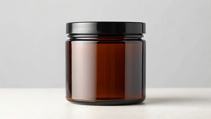 Amber glass jar with black lid on a white surface