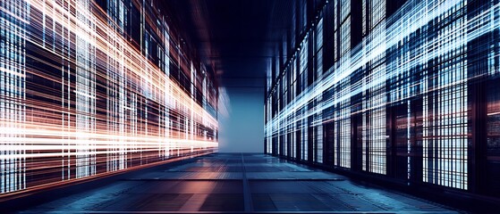 Server room with futuristic data streams