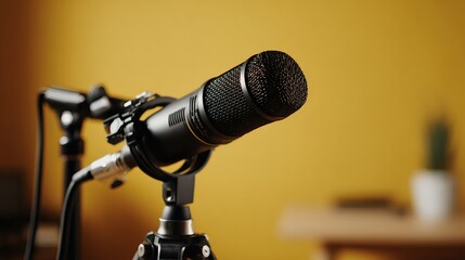 Close-up of black microphone on desk-mounted stand with shallow depth of field and yellow studio background
