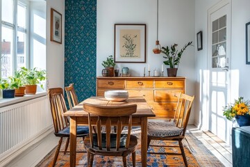 Wooden dresser over a bright wall with patterns, contributing to a modern Scandinavian interior design for the living room, Generative AI