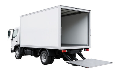 A commercial box truck with an open rear cargo area and an extended hydraulic liftgate, designed for loading and transporting goods efficiently.
