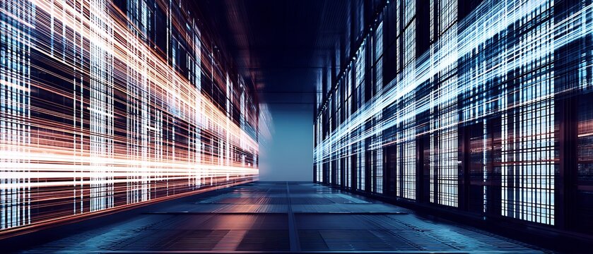 Server room with futuristic data streams