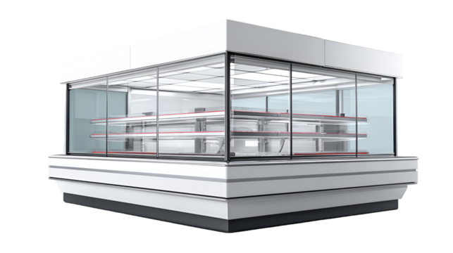 Modern refrigerated display case with glass shelves