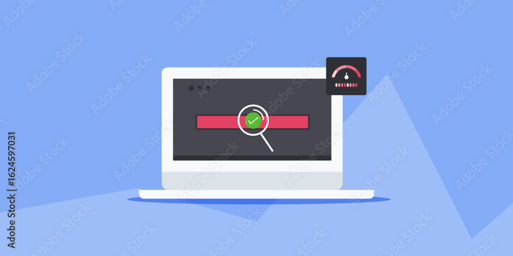 Poster dynamic loading bar on laptop screen, speed meter measures website performance.