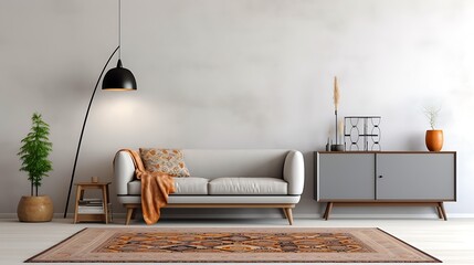 Modern interior design with light empty mock-up wall and gray mid-century sofa, copper arc floor lamp, patterned Moroccan rug, industrial sideboard with vinyls, minimalist decor.
