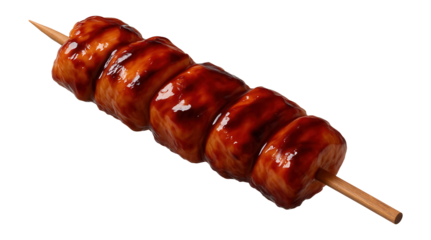 Skewer of glazed chicken meatballs featuring a shiny sauce coating, isolated on a white background, perfect for illustrating food and culinary concepts.