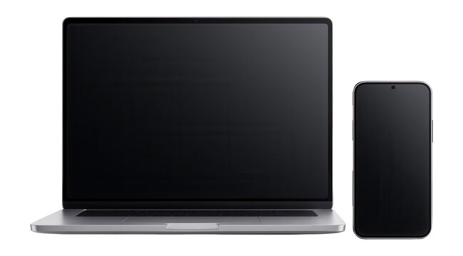 Modern laptop and smartphone with blank screens, showcasing sleek design and technology for themes of connectivity and digital communication.
