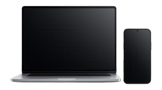 Modern laptop and smartphone with blank screens, showcasing sleek design and technology for themes of connectivity and digital communication.