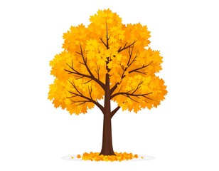 Vibrant autumn tree with golden foliage and fallen leaves in a nature scenery