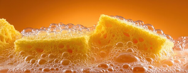 The vibrant yellow sponge surrounded by bubbles on a bright orange backdrop.