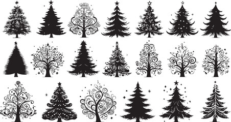 Fototapeta premium A diverse set of vector tree silhouettes including festive Christmas pine and fir trees, perfect for winter holiday landscape illustrations