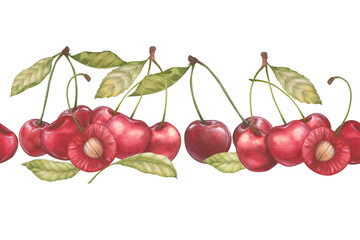Seamless banner with watercolor illustration of a cherry or sweet cherry on a branch with a leaf. Cut cherry with pit. Food, botanical hand drawn illustration.