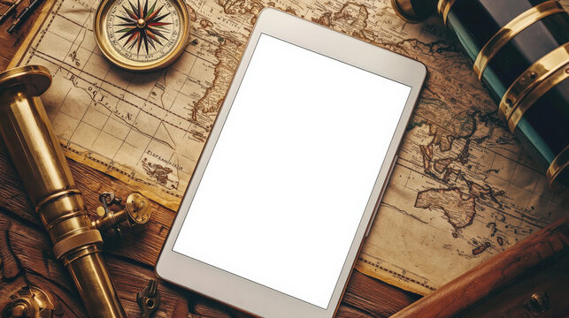 The concept of a navigator researcher's desktop. An adventure-style tablet mockup. A tablet with a white screen lies on an ancient world map next to a compass and a telescope