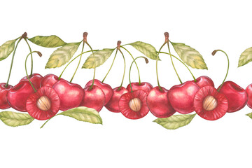 Seamless banner with watercolor illustration of a cherry or sweet cherry on a branch with a leaf. Cut cherry with pit. Food, botanical hand drawn illustration.