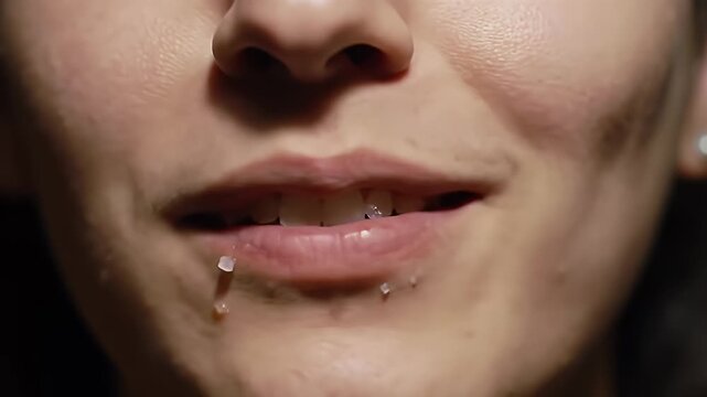 Young Woman Delicately Consuming Crunchy Salty Popcorn Kernels with Expressive Mouth and Face Actions in a Close up Studio Shot for Promoting Snacking and Leisure Moments and Highlighting the