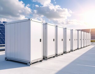 A row of white BESS containers with visible PCS cabinets, located in a solar plant