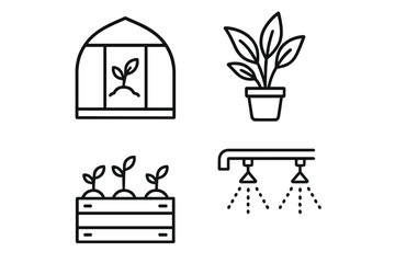 Outline icons of greenhouse, potted plant, seedlings, and irrigation system