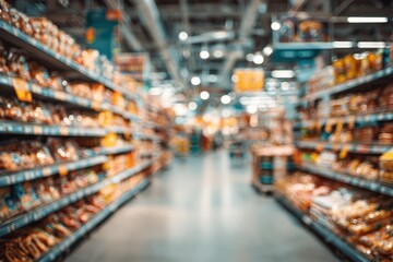Fototapeta premium Blurred supermarket aisle, shelves full of snacks and goods