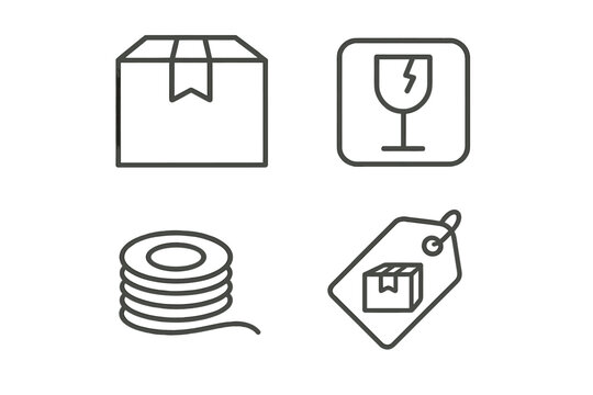Delivery symbols: box, fragile glass, string roll, and packaging tag icons