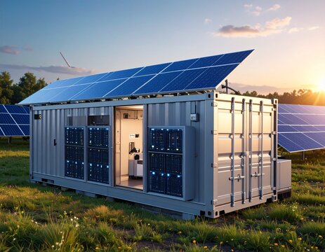 Futuristic BESS container with PCS units and solar farm nearby, clean energy concept,