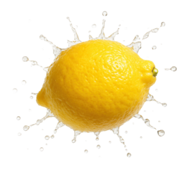 A vibrant yellow lemon with water splashes radiating outward, isolated on a white background, highlighting freshness and juiciness in a refreshing concept.