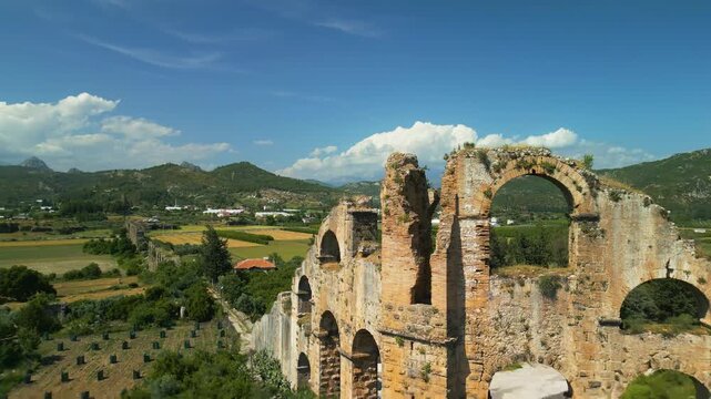 ancient aqueduct in aspendos city turkey - drone view