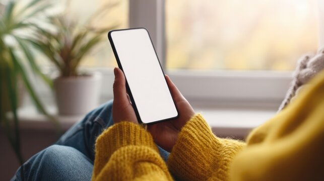 The smartphone held in hands with a blank screen in a cozy setting.