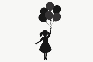 Black silhouette of a young girl holding a bunch of dark balloons