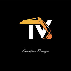 TV Excavator Arm Construction Logo - Bold Industrial Letter mark Design for Heavy Equipment, Contractor Branding & Modern Engineering Identity