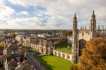 Cambridge, England. Aerial view showing the east facade of King's College Chapel, Front Court with lawn, horse chestnut tree and the neo-Gothic gatehouse entrance