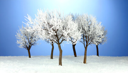 Pristine Winter Grove: Hoarfrost-Laden Trees Against a Gradient Blue Sky