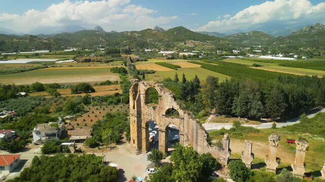 ancient aqueduct in aspendos city turkey - drone view