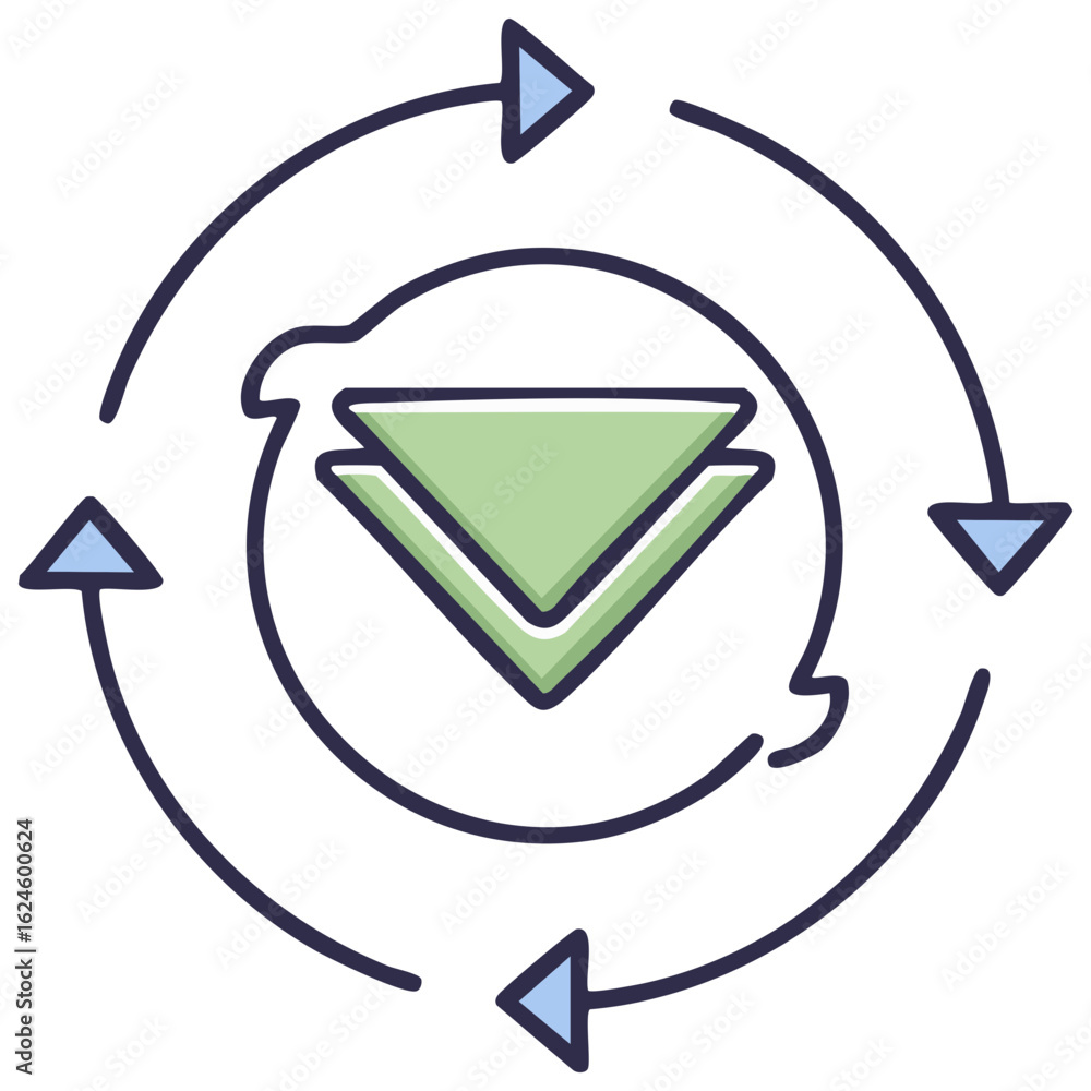 Poster cyclical process icon with rotating arrows and layered elements for workflow or recycling