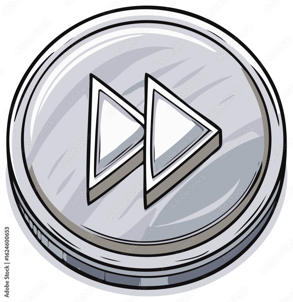 Poster hand-drawn silver button with forward icon: circular design with dual arrow symbols, multimedia navi
