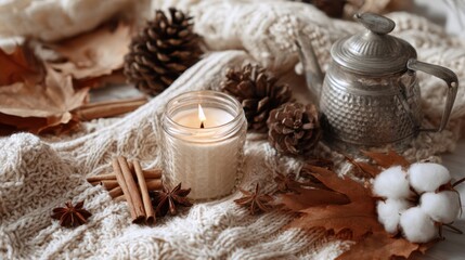 The tranquil candle surrounded by autumn leaves and cozy textures.
