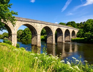 Fototapeta premium Stone arch bridge over river, lush landscape