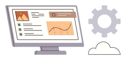 Fototapeta premium Desktop screen with charts, text, and visuals for data analysis beside a gear and cloud. Ideal for analytics, cloud computing, workflow, tech innovation, business, data storage simple flat metaphor