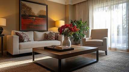 Interior with an armchair and wooden coffee tables, offering a minimalist and functional living room setup, Generative AI